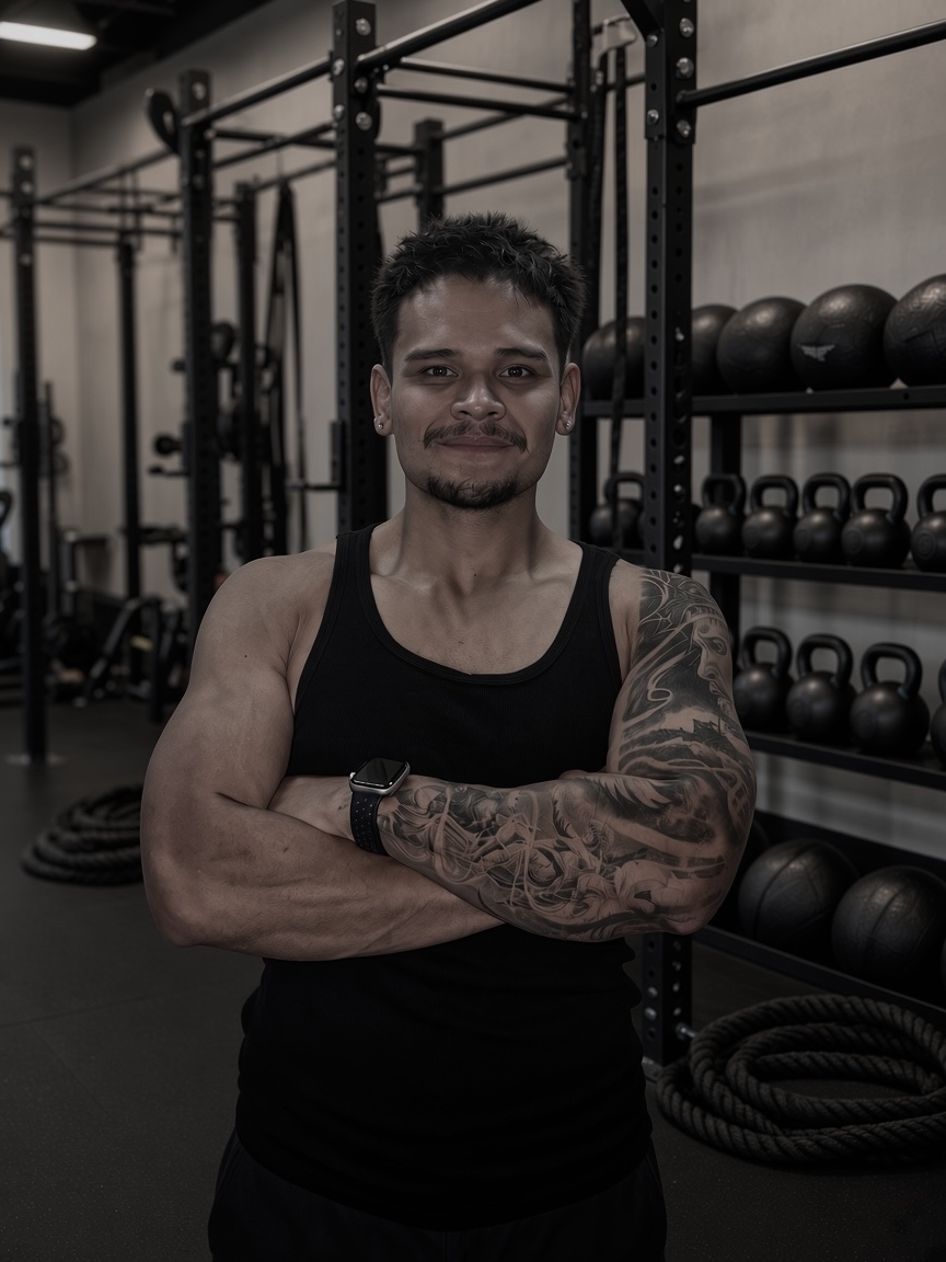 Adrian Gugler, coach at 5.3 Fitness, standing in the gym.