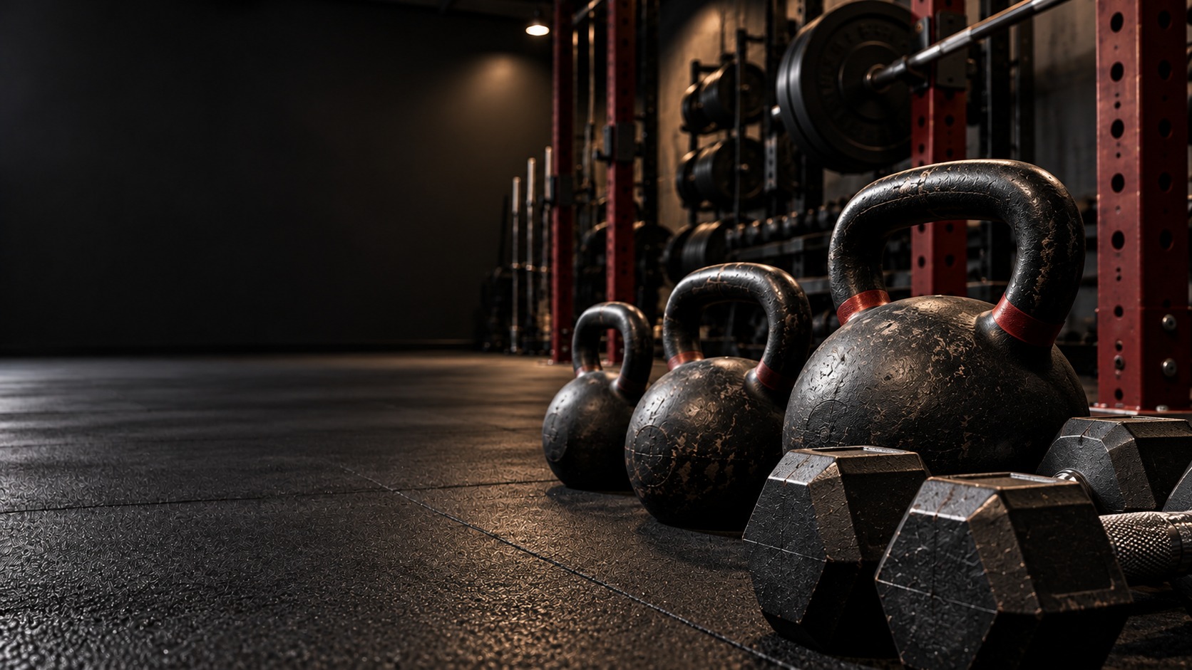 Worn kettlebells and dumbbells in a tidy, dimly lit gym with deep red training racks.
